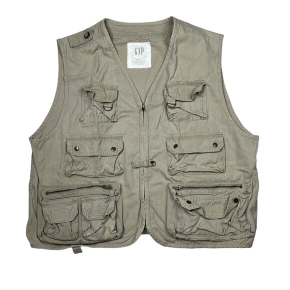 GAP Utility Vest Work Field Jacket Zip Front Snap Pockets Khaki Tan Mens Large - Picture 1 of 5